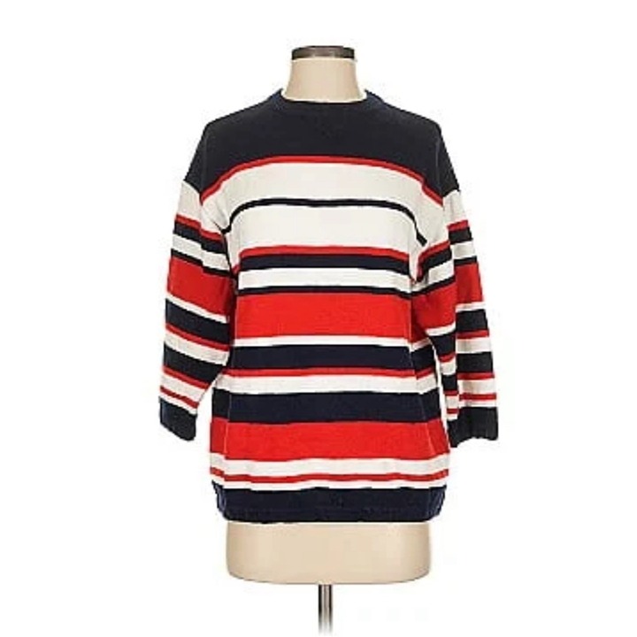 St. John Sport Sweater Sz M Marie Gray Red White Blue Striped Tunic Knit Preppy