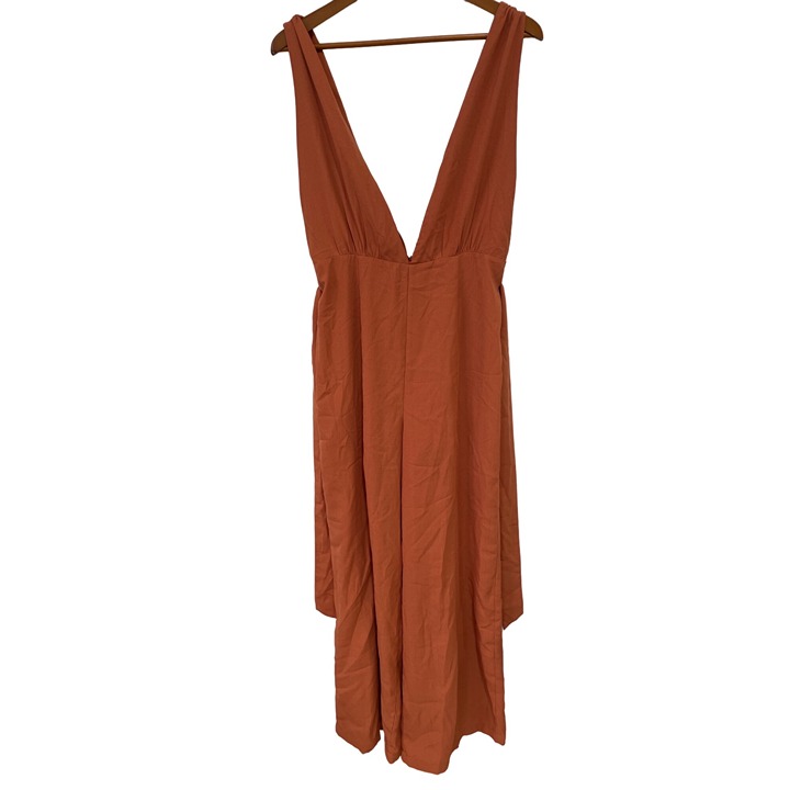 Fiestar Plunging Palazzo Jumpsuit Women L Tie Waist Lined Summer Beach Boho Chic