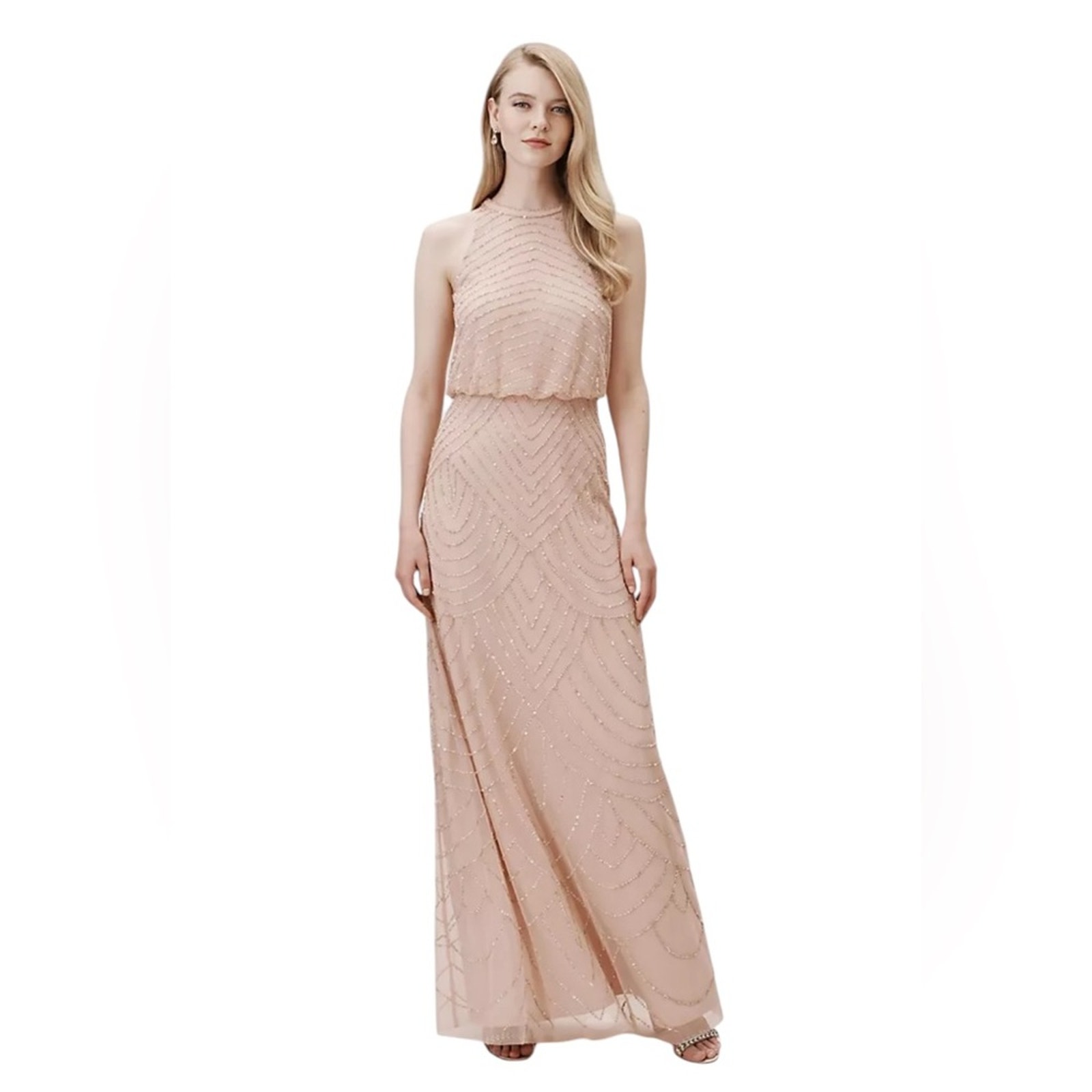 NWT Adrianna Papell Halter Art Deco Beaded Blouson Blush Pink Dress – Sz 4