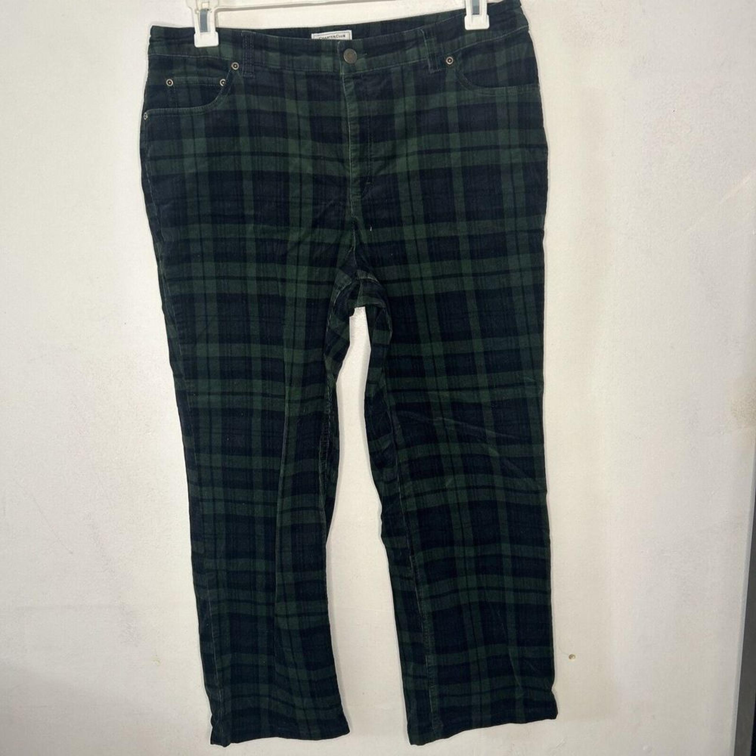 charter club plaid stretch pants ultra thin corduroy flat front Navy green Sz12