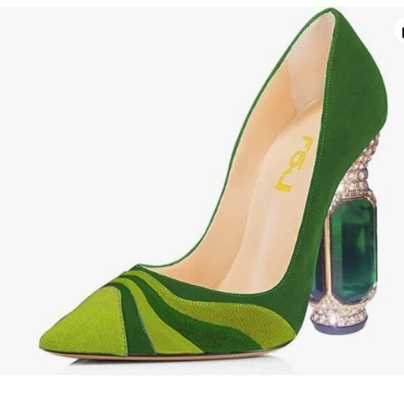 FSJ Women Bridal Pointed Toe Chunky Block High Heel Crystal Pumps Green-rainbow