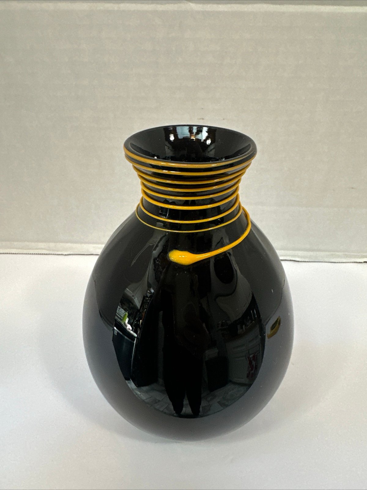 Charlie Correll Studio Art Glass Vase Black Yellow Signed Vintage 1985