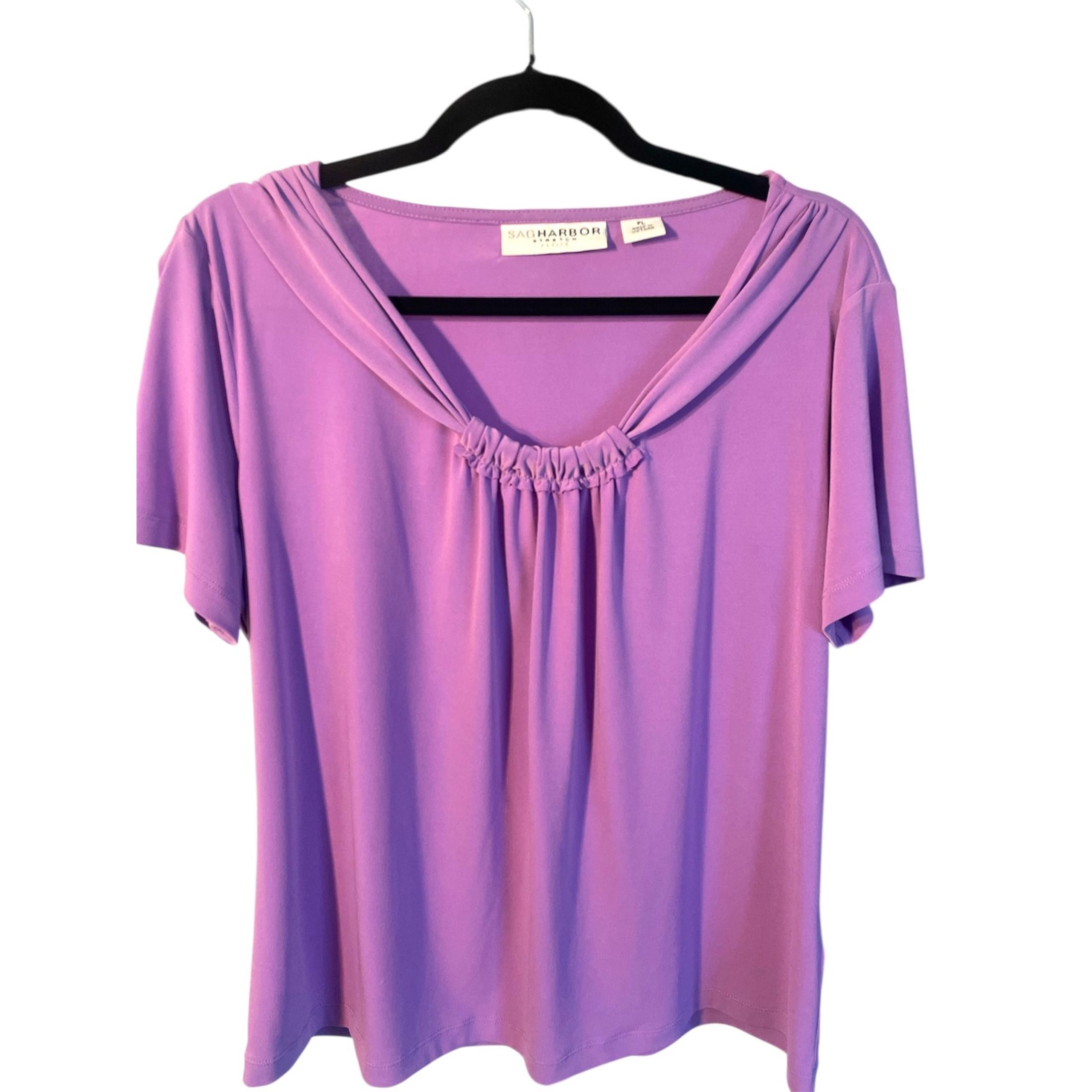 Sag Harbor Knit Top Ruched Neck Short Sleeve Casual Purple Size PL