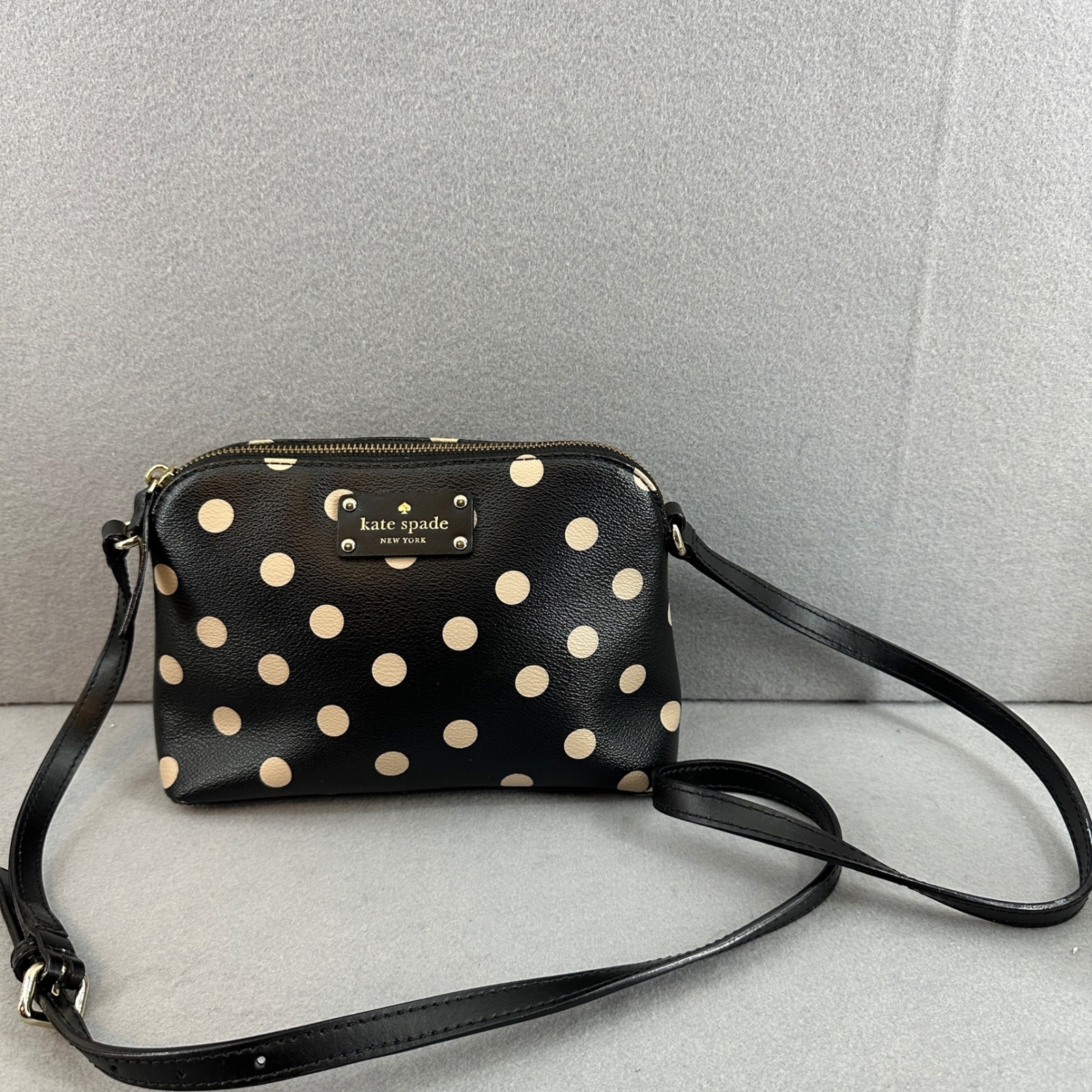 Kate Spade Crossbody Bag Polka Dot Black Beige Leather Small Purse Used