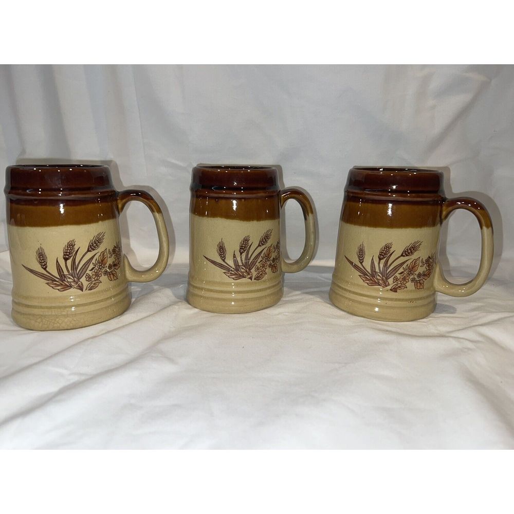 Vintage Stoneware Pottery Wheat Stein Mugs Cups Japan Set of 3 New Old Stock.