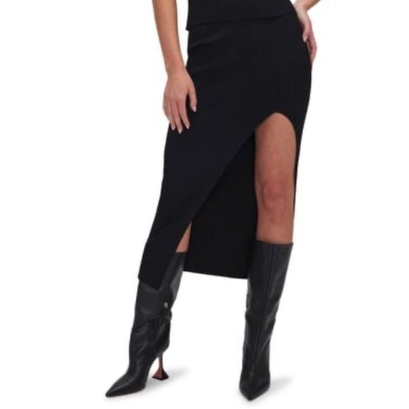 Good American Ribbed Knit Slit Midi Skirt Small Black R2