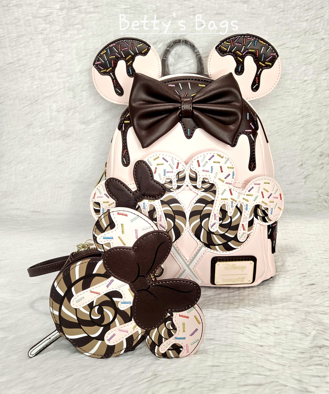 Loungefly Minnie Mouse Chocolate Sprinkle Lollipop Ears Backpack And Coin Bag