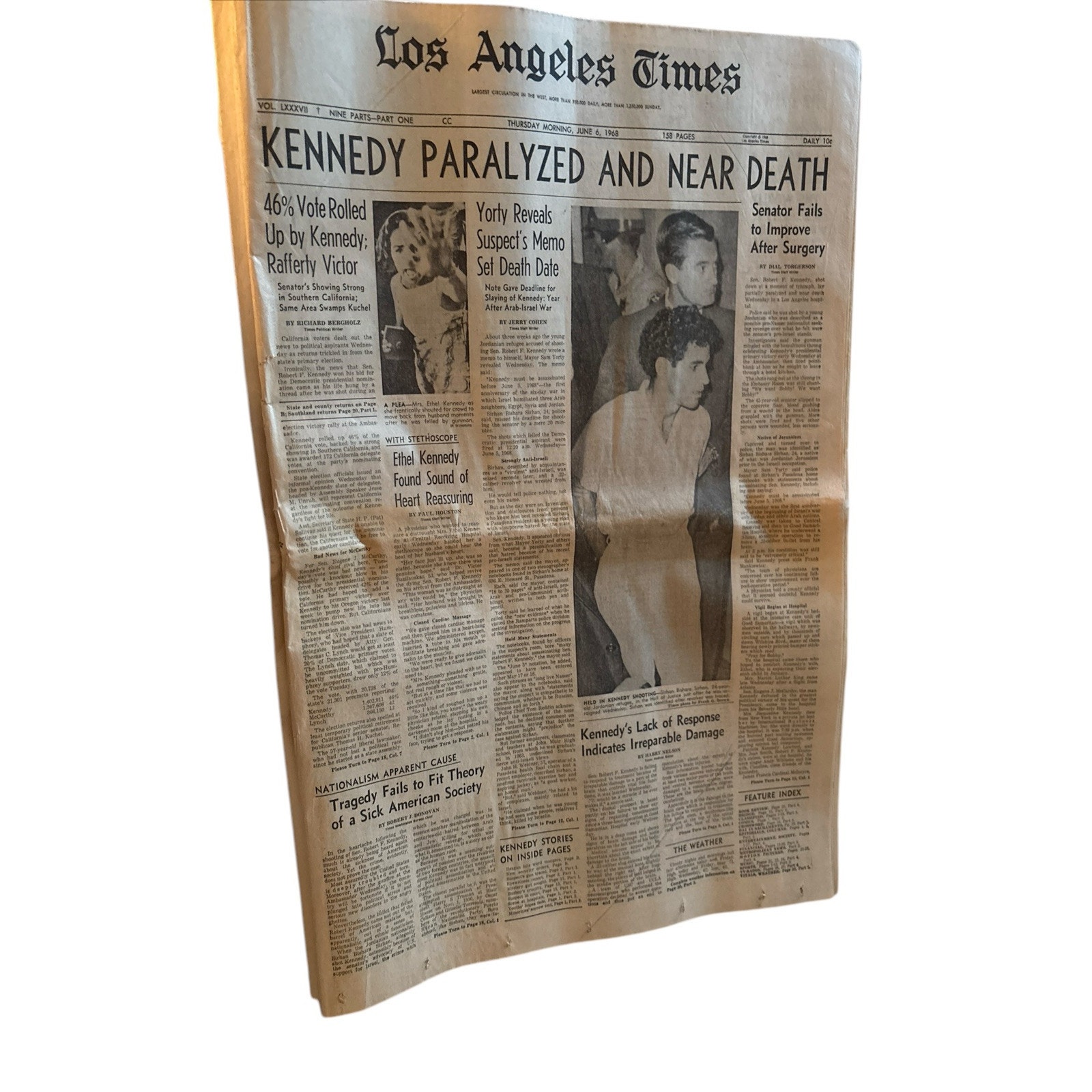 Newspapers- ROBERT KENNEDY PARALYZED, NEAR DEATH, LOS ANGELES PAPER, SIRHAN