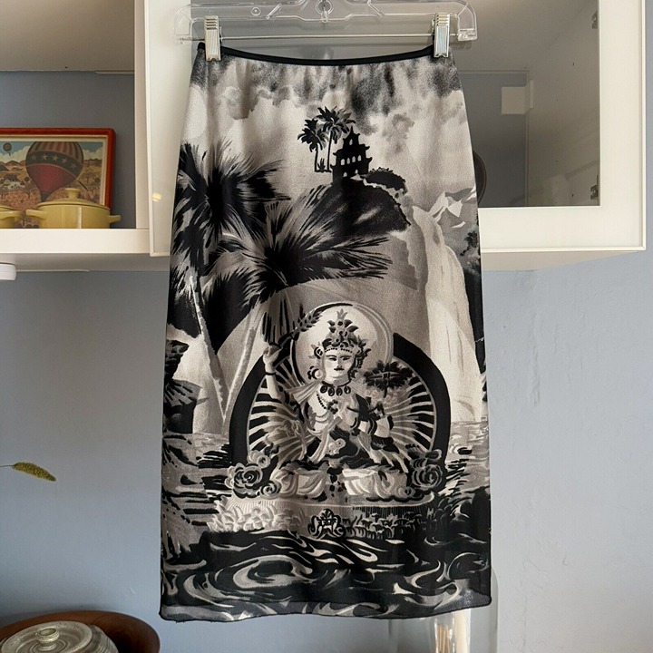 90s Vintage Rampage Balinese Screen Print Mesh Skirt Goth Black White S