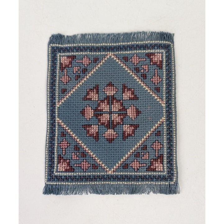 Vintage Hand Stitched Petite Point Dollhouse Miniature Carpet Area Rug Blue