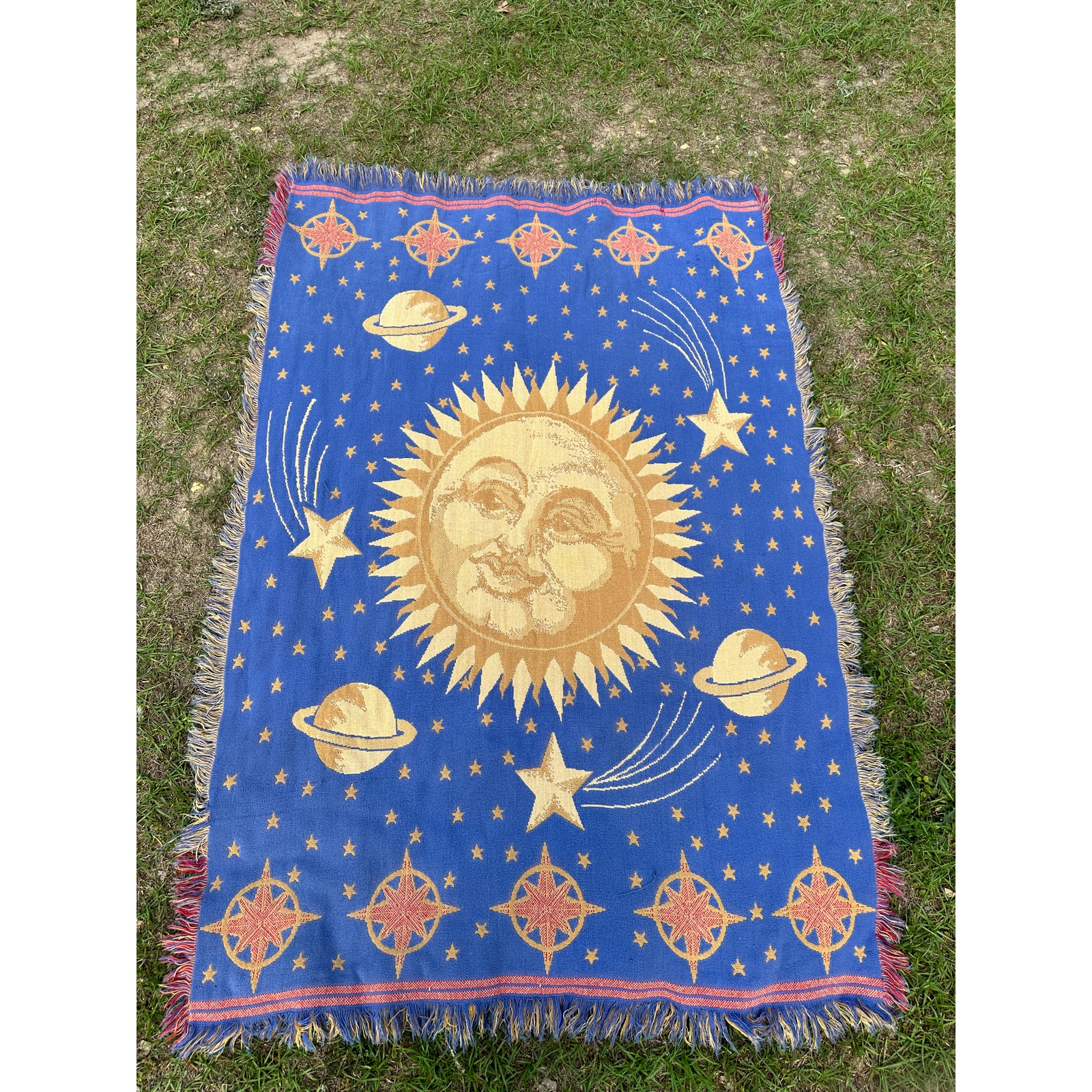 Vintage 90s Woven Tapestry Throw Blanket Sun Celestial Stars