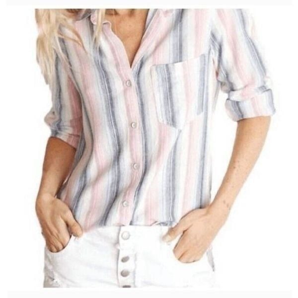 Bella Dahl Frayed Hem Pocket Button Down Striped Shirt XS