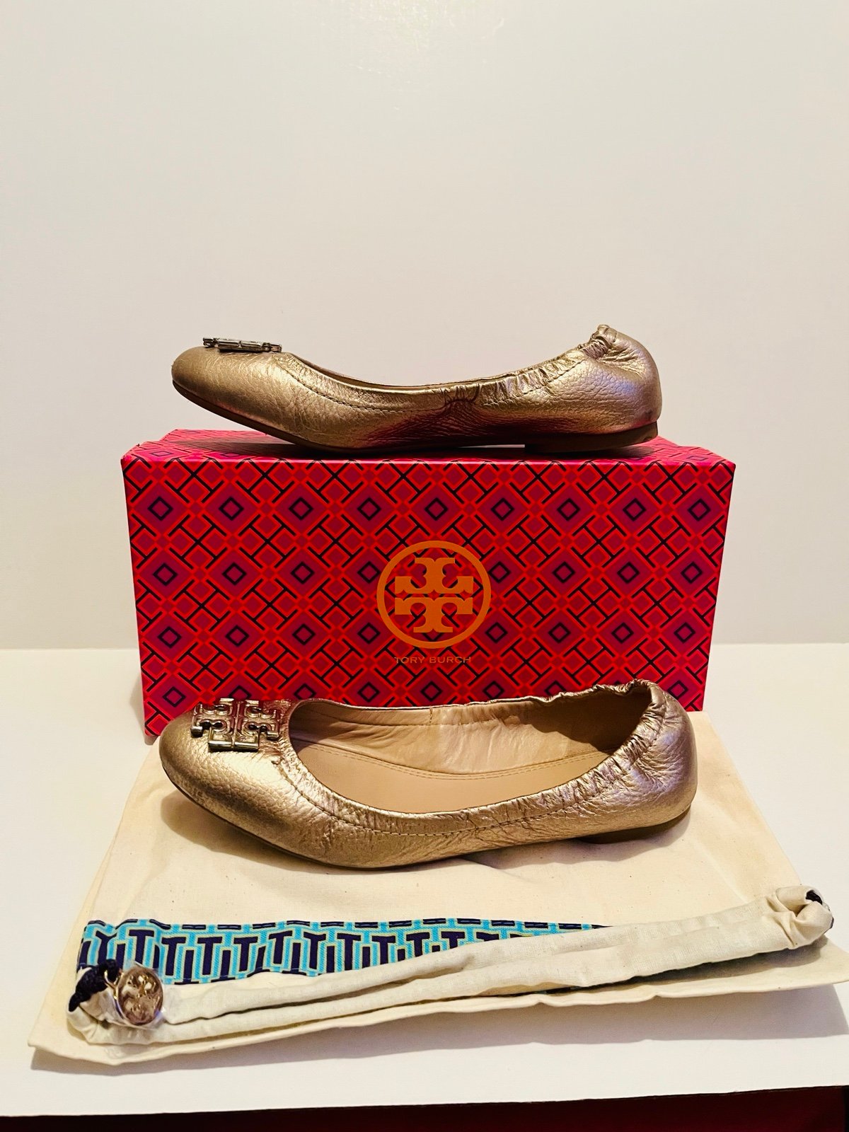 Authentic Tory Burch Melinda Ballet Platinum Leather Shoes