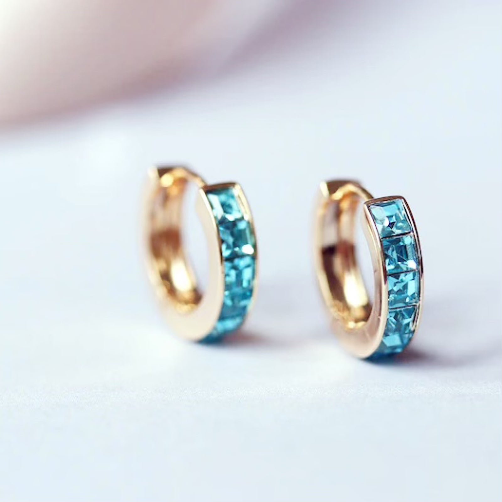 Aquamarine (March) Channel Set 14K Yellow Gold Huggie Hoop Earrings, NWT