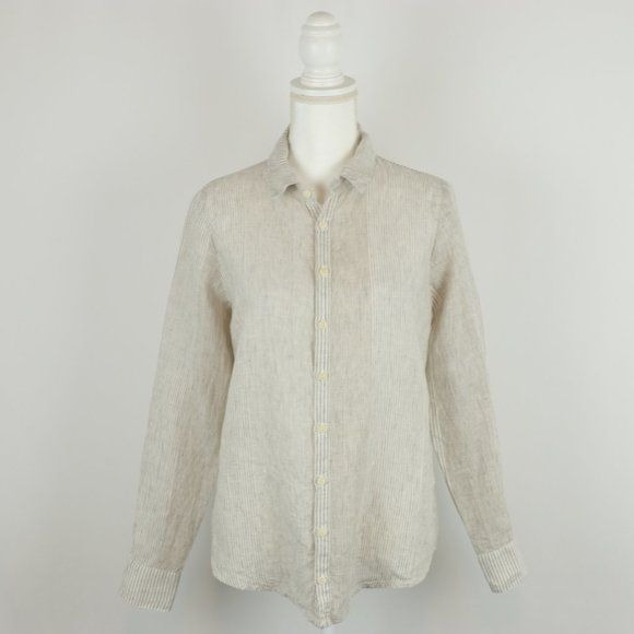 CP Shades Women's Small Tan & White Striped Linen Long Sleeve Button Up Shirt