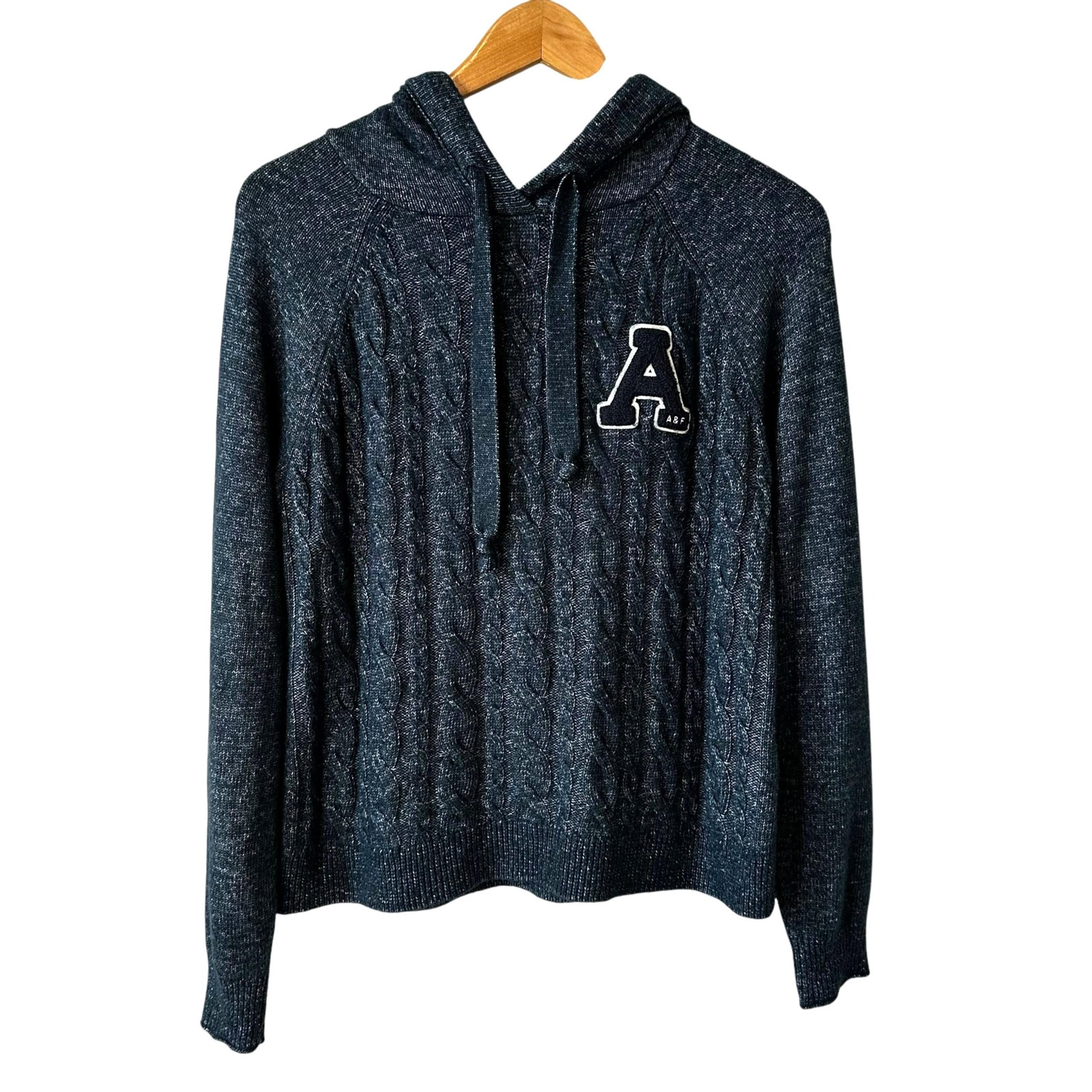 ABERCROMBIE & FITCH Women's Cable Knit Hooded Logo Sweater Blue Size Medium Y2K