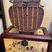 Vntg Wood Bamboo Woven Rattan Brass Basket Locking Lid Etch Leaf Trim Footed 13