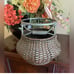 Vntg Wood Bamboo Woven Rattan Brass Basket Locking Lid Etch Leaf Trim Footed 13