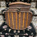 Vntg Wood Bamboo Woven Rattan Brass Basket Locking Lid Etch Leaf Trim Footed 13