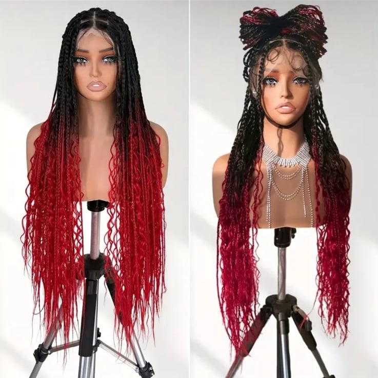 32 Inch Ombre Red to Black Knotless Box Braided Wig - Full Lace Synthetic Wig