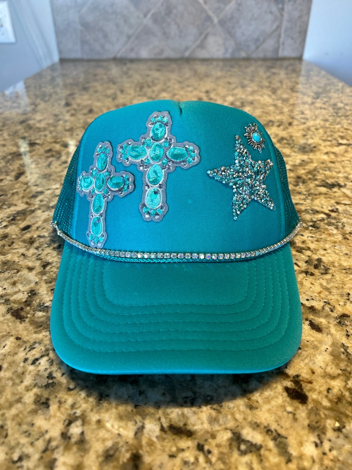 CUSTOM Bejeweled Teal Trucker Hat