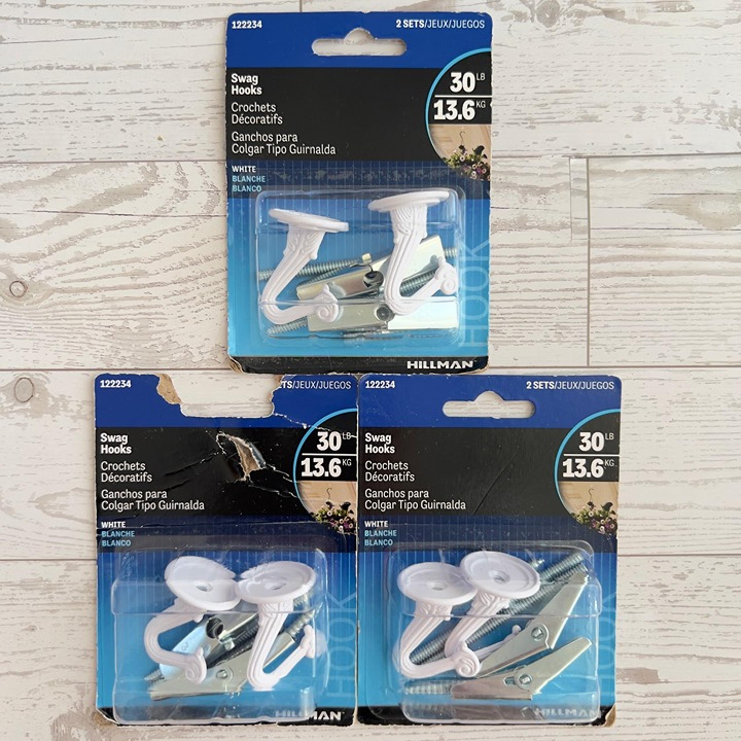 Lot of 3 Hillman 2pk Swag Hooks Steel Screw Hooks for Ceiling 30lb Capacity