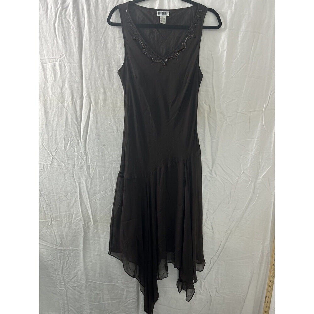 Y2K Robbie Bee 100% Silk Brown Beaded Maxi Dress Asymmetrical Sz 14 Fairy Whimsy
