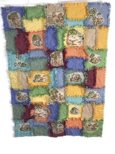 Baby Blanket Unisex Winnie the Pooh Cotton Handmade Fringe 36x48 Patch Work