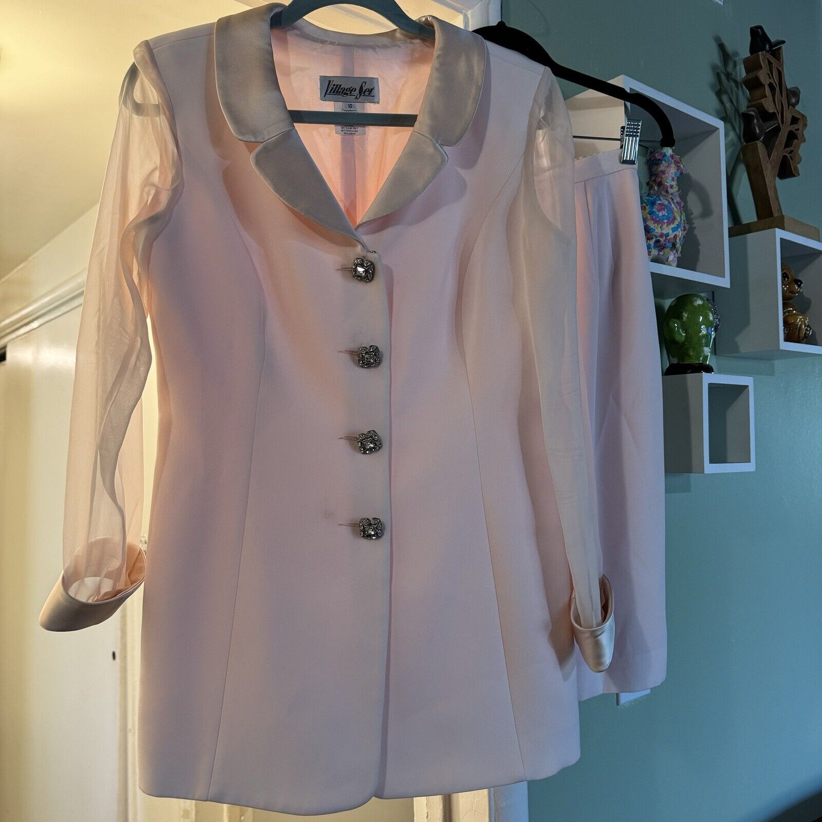 Vintage Barbie Baby Pink Rhinestone Silk Blazer and Skirt Suit Set Size 10