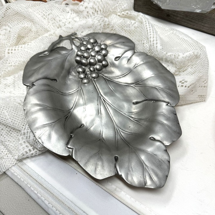 Vintage Solid Tin Pewter Grape Vine leaf Plate Tray