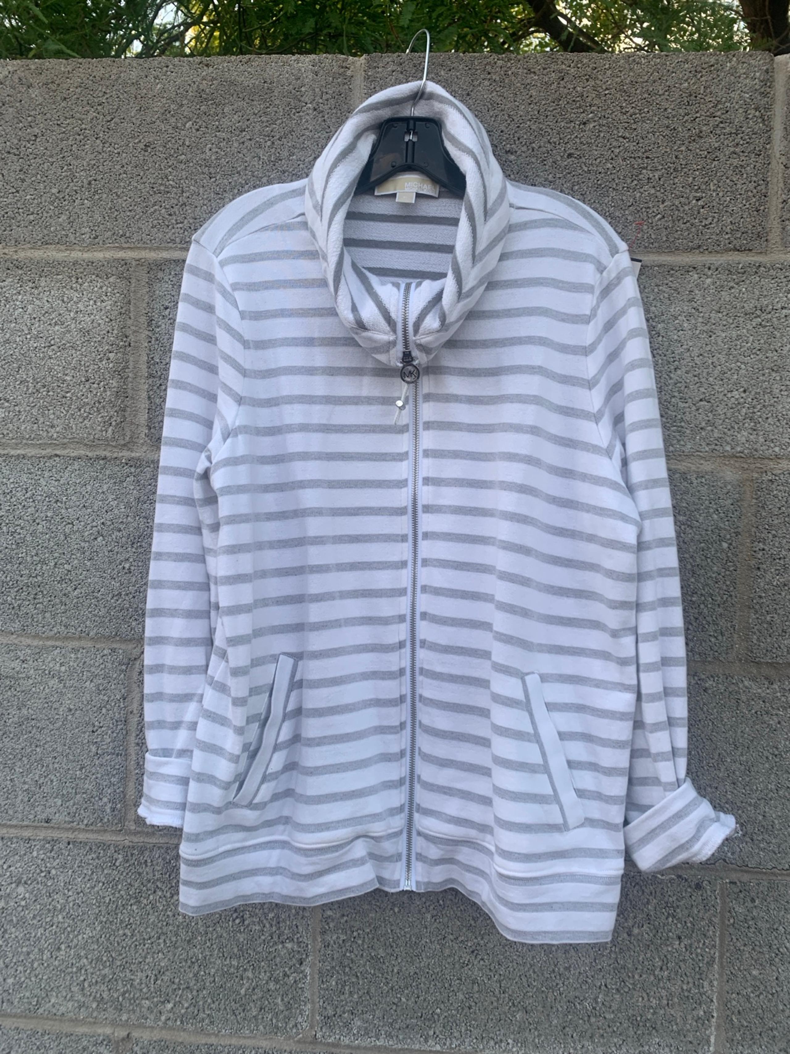 MICHAEL KORS Striped Full Zip Sweater Pearl Heather Women’s Size XL Preppy