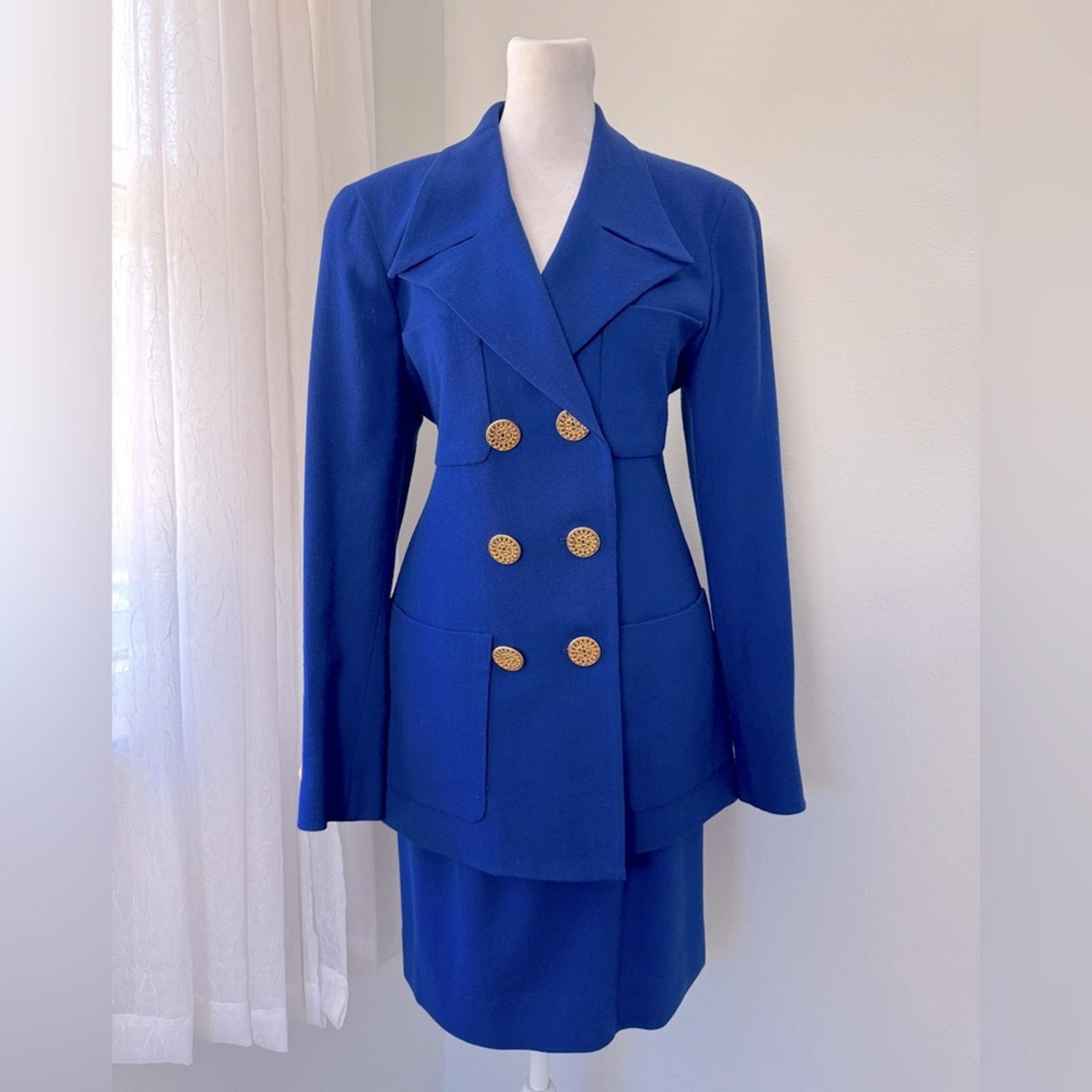 Vintage ‘90s Carlisle 100% Wool Royal Blue Double Breasted Blazer + Skirt Suit