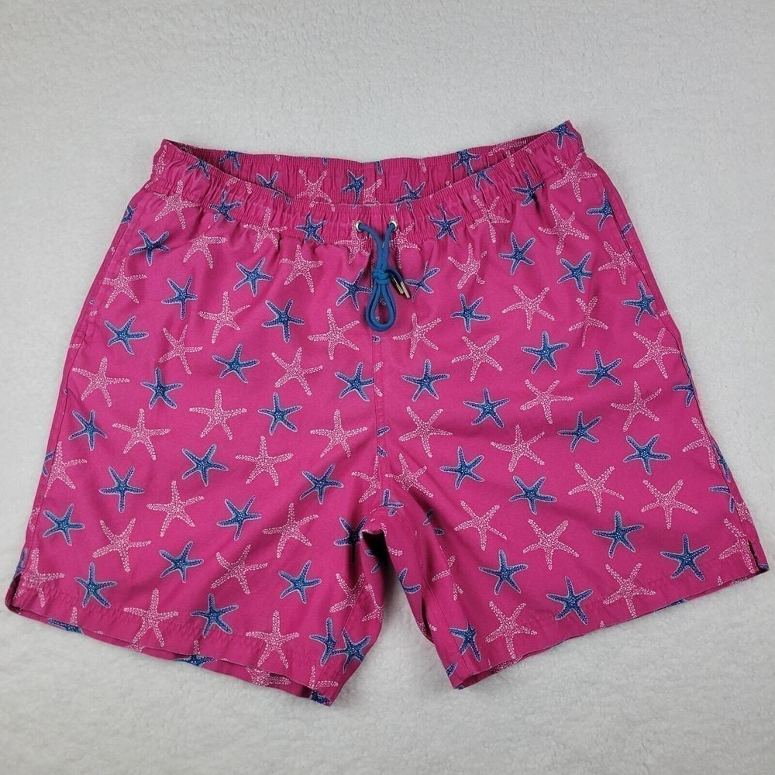 Lands End Lined Swimming Trunks Pink Starfish Mens XL 40 - 42 100% Polyester
