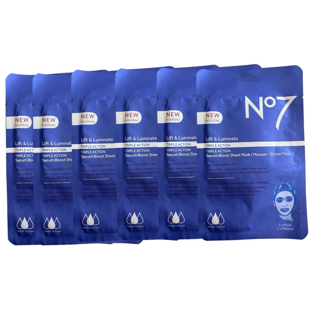 6 x No7 Lift & Luminate TRIPLE ACTION serum boost sheet masks