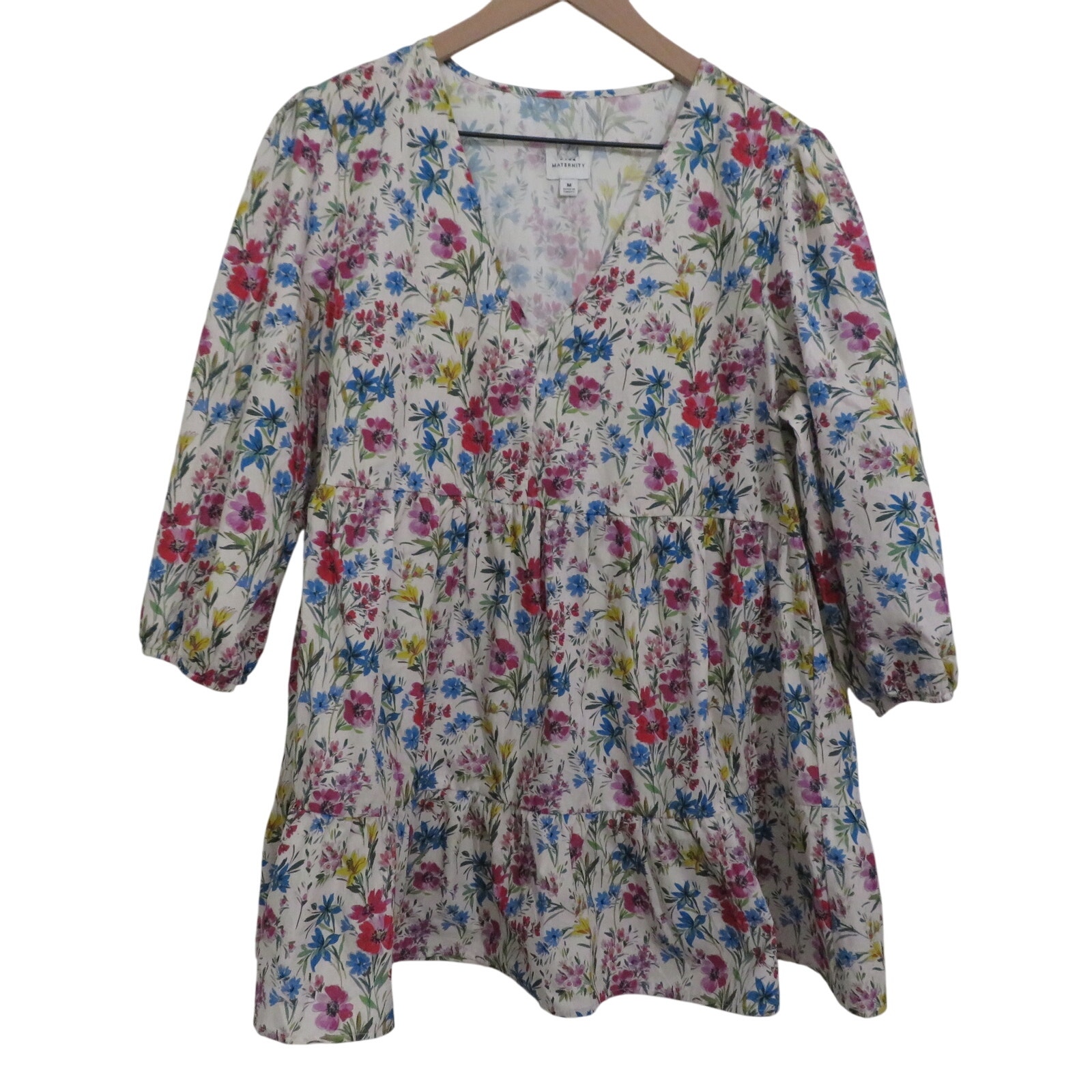 Gap Maternity Womens Sz M White Blue Pink Floral Tunic V Neck 3/4 Sleeve Blouse