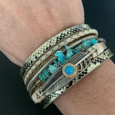 Western Style Turquoise & Gold & PU Leather Multi Layered Boho Cuff Bracelet NEW