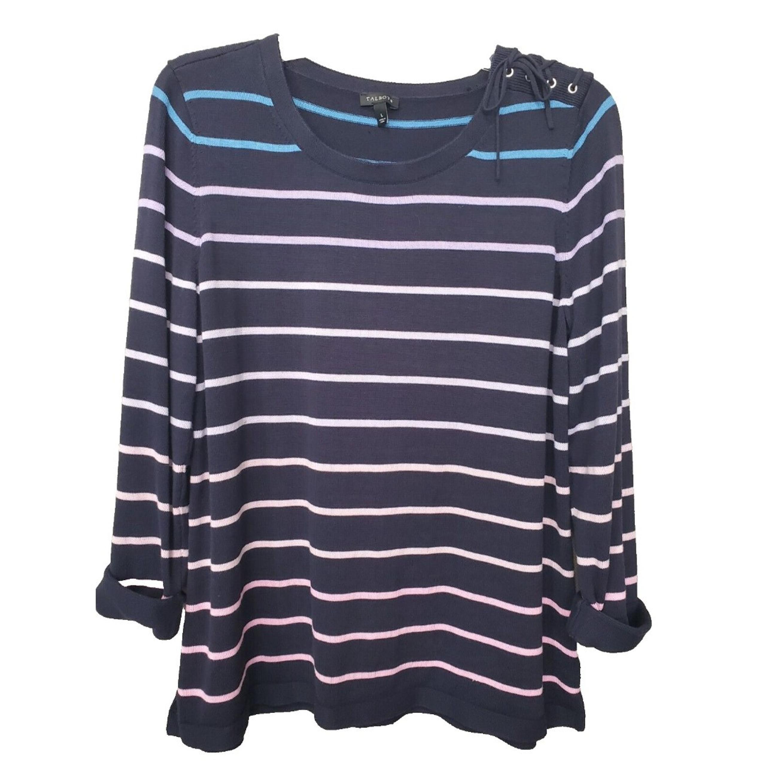 Talbots Cotton Blend Blue Multicolor Striped Lace-up Shoulder Sweater Size LGE