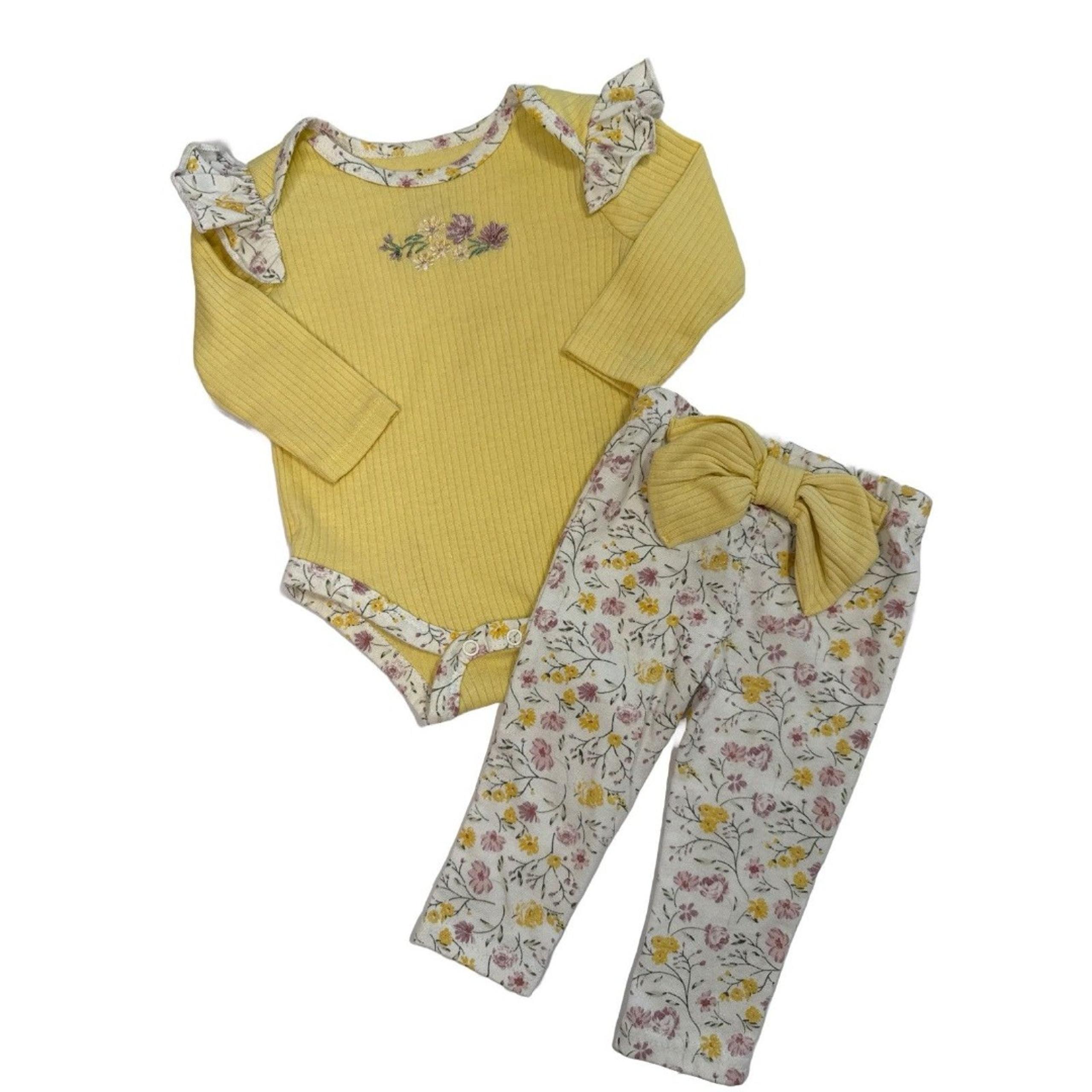 Baby Essentials 2-Piece Yellow Floral Outfit 6M — Bodysuit & Pants Set-EUC