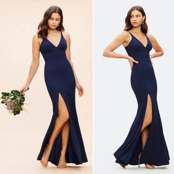 Dress The Population Midnight Blue Iris Slit Crepe Gown