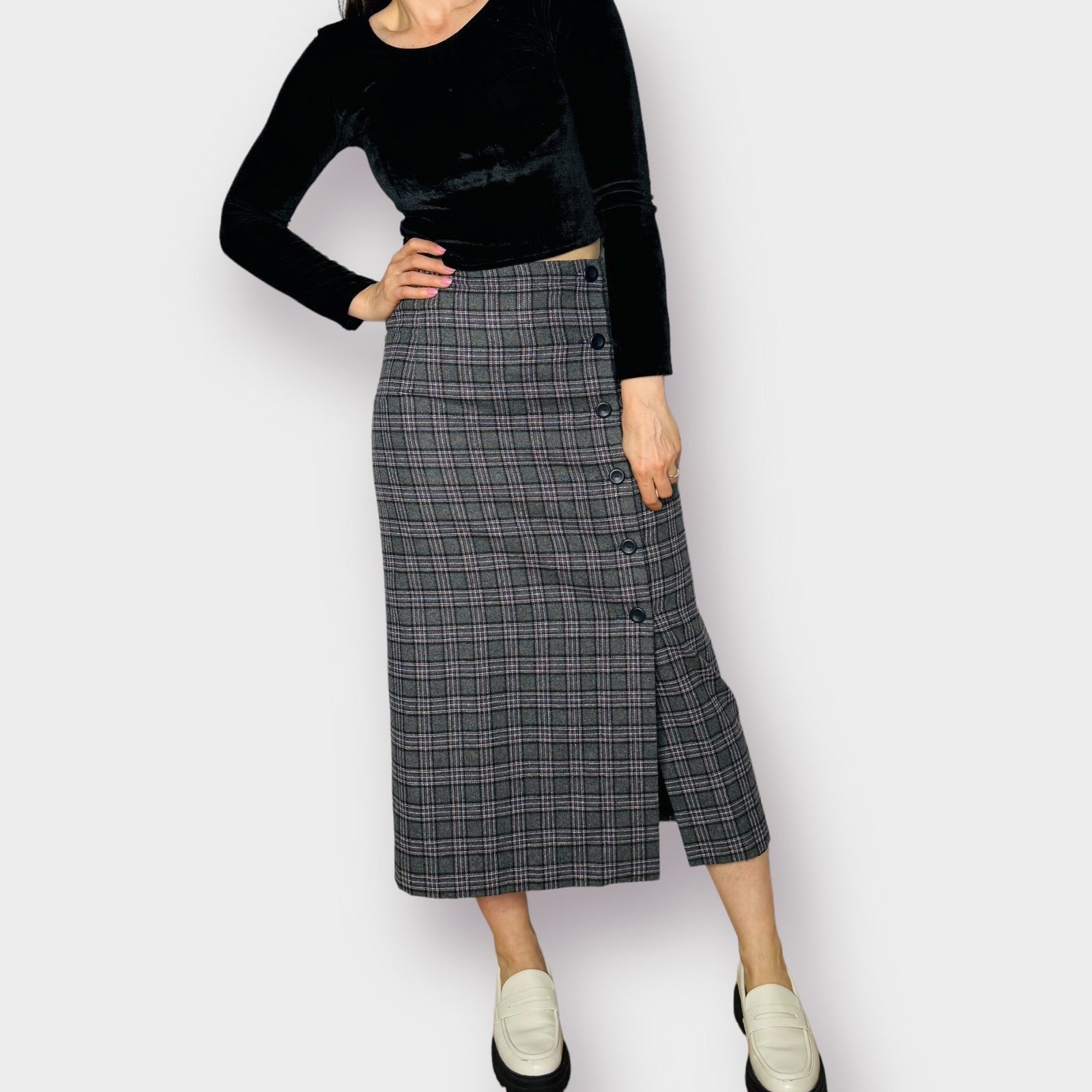 90s Gray Purple Button Front Wool Skirt