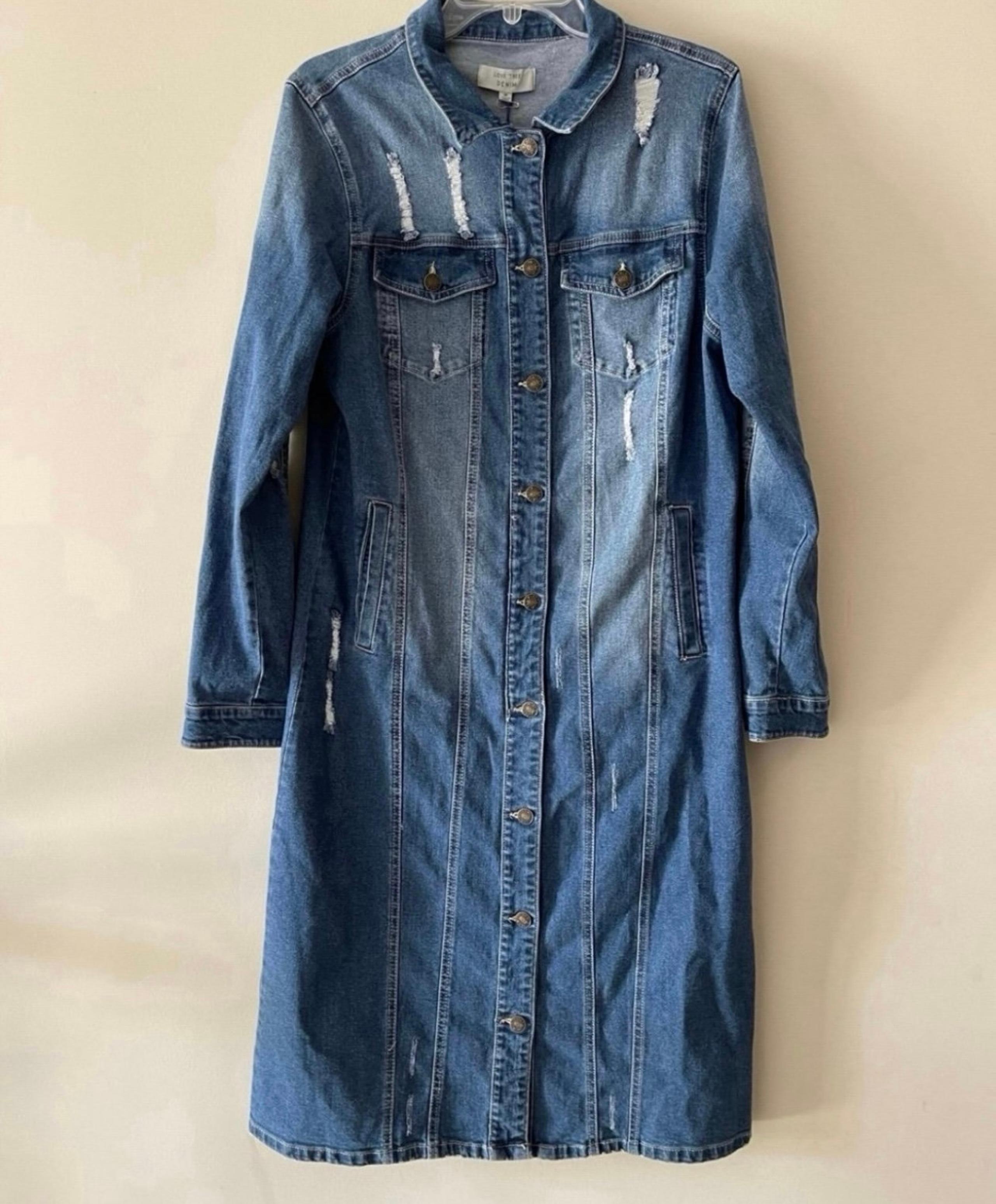Blue Denim Medium Wash Button-up Midi Distressed Jacket Dress