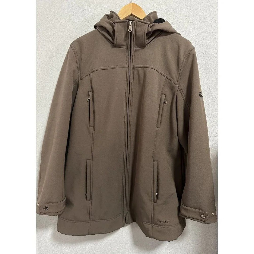 Calvin Klein Women Weather Resistant Full Zip Over Coat Hooded Brown Size Large
