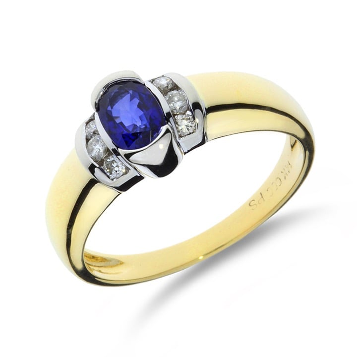 14K Yellow and White Gold .70ct Blue Sapphire & Natural Diamond Ring GR-2487