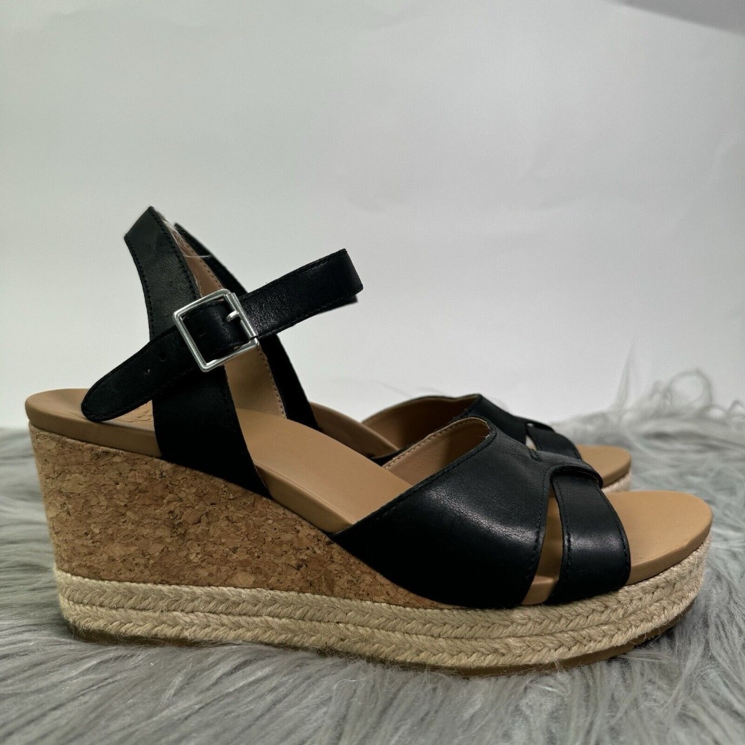 UGG Cloverdale Black Leather Wedge Sandals Size 8.5
