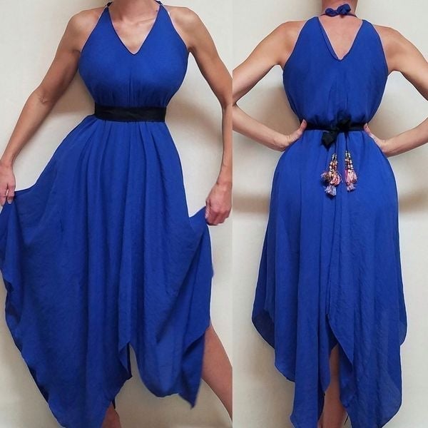 Vintage Cobalt Blue Asymmetric Sharkbite Hem V-neck Tie-Waist Gossamer Dress XL
