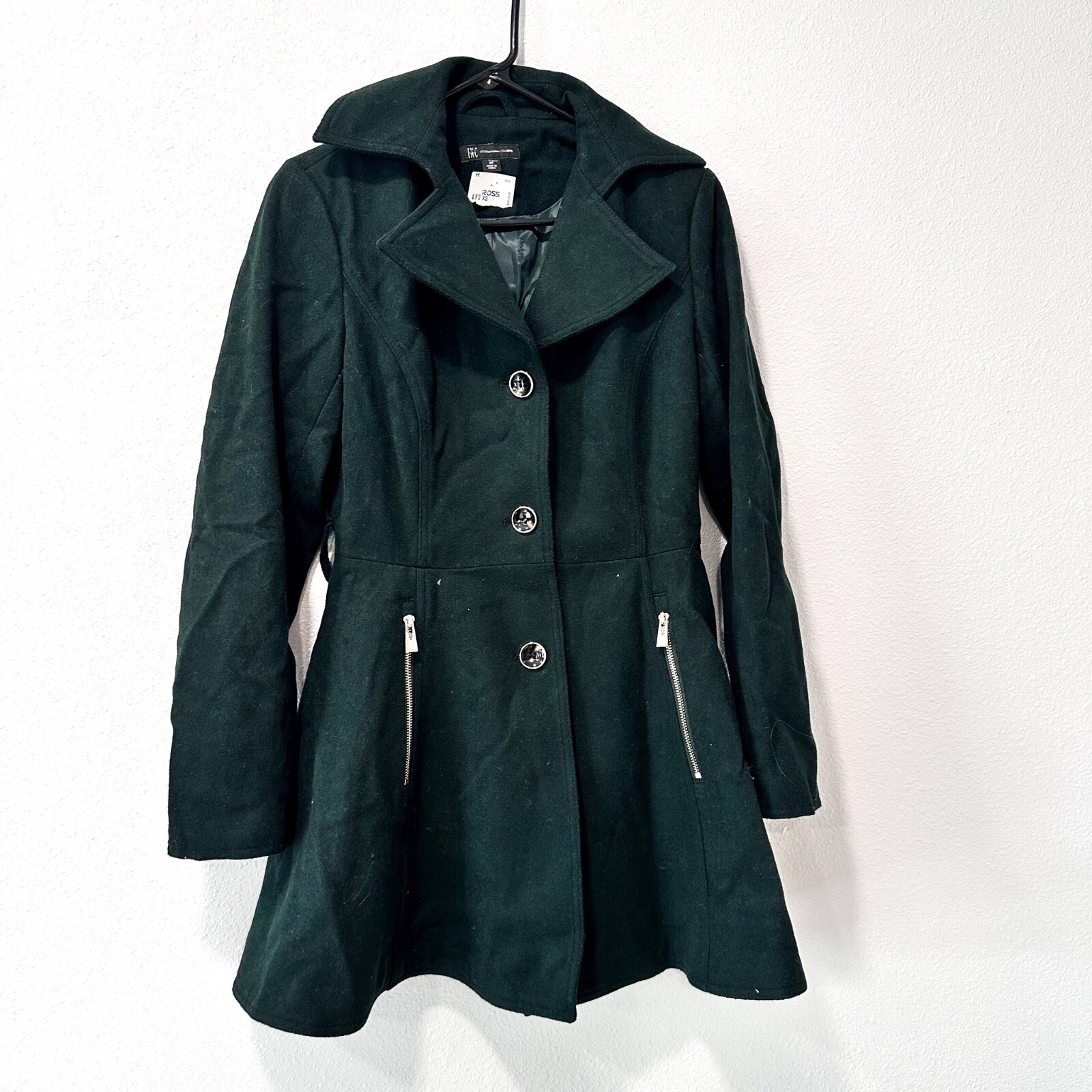 NEW I.N.C. INC International Concepts Forrest Green Button Up Pea Coat Womens XS
