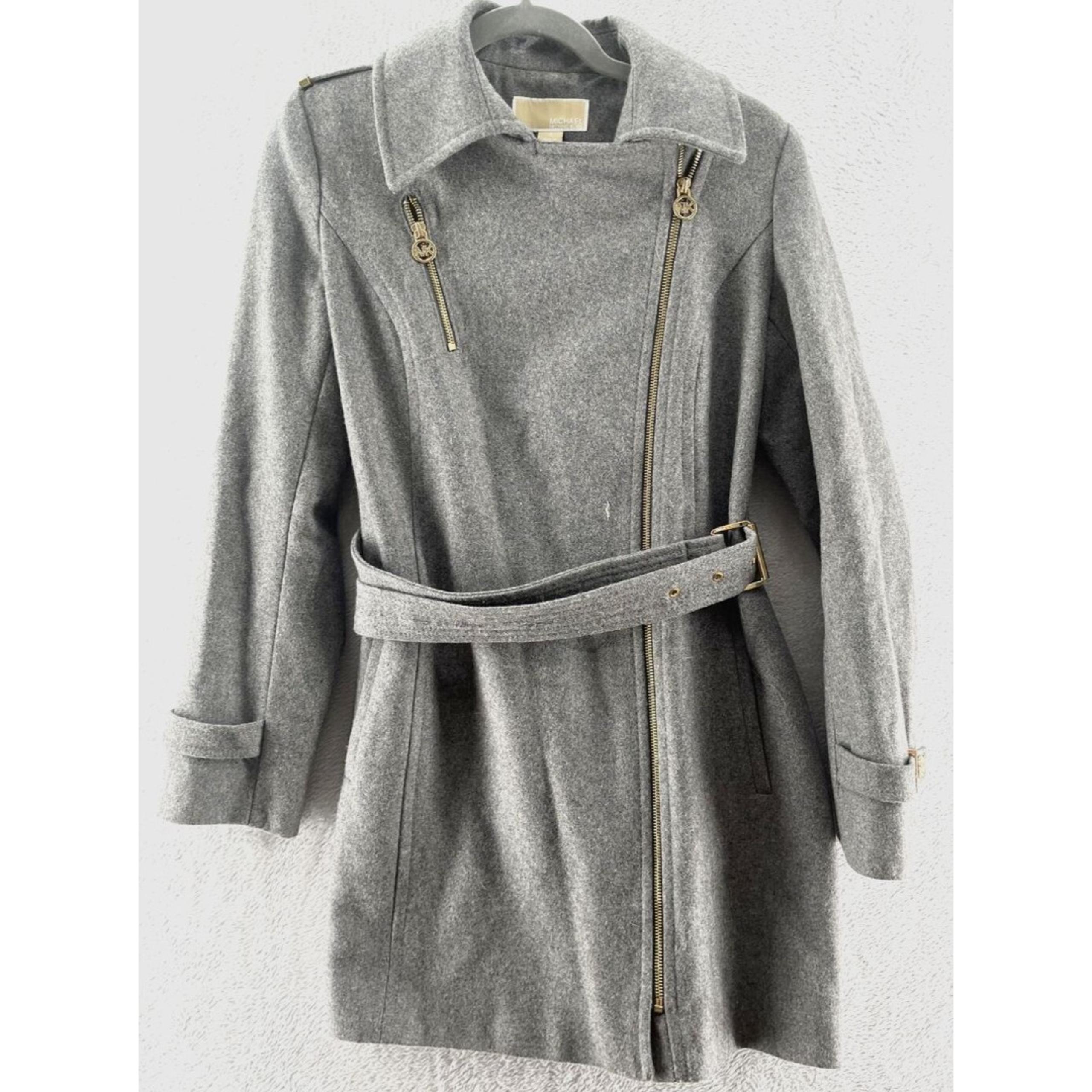 Michael Kors Coat Women's Sz 4 Heavy Gray Wool Blend Trench Zip Moto