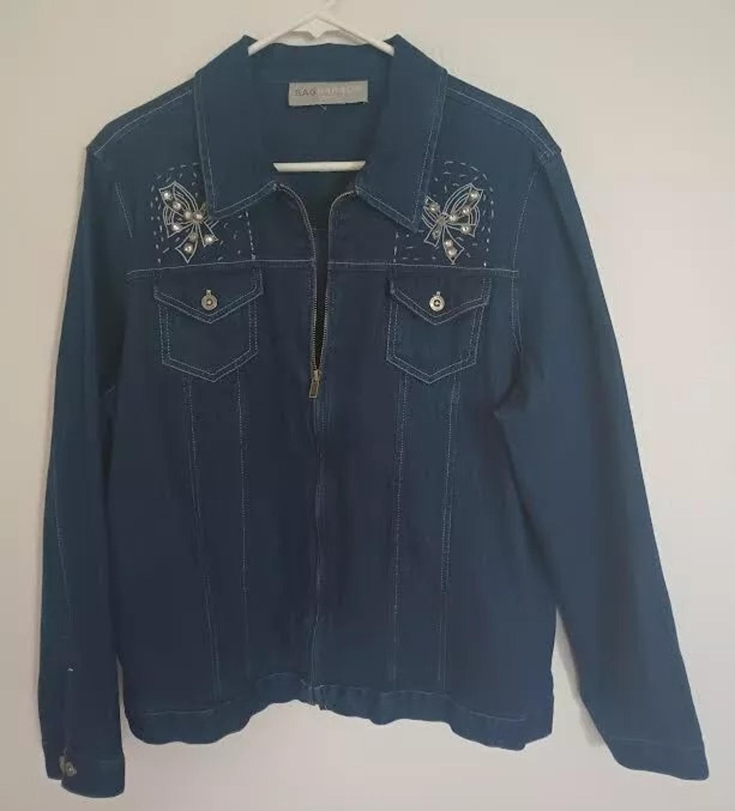 SAG HARBOR SPORT WOMEN'S DENIM JACKET FULL ZIP UP BUTTERFLY RHINESTONE SIZE L-XL
