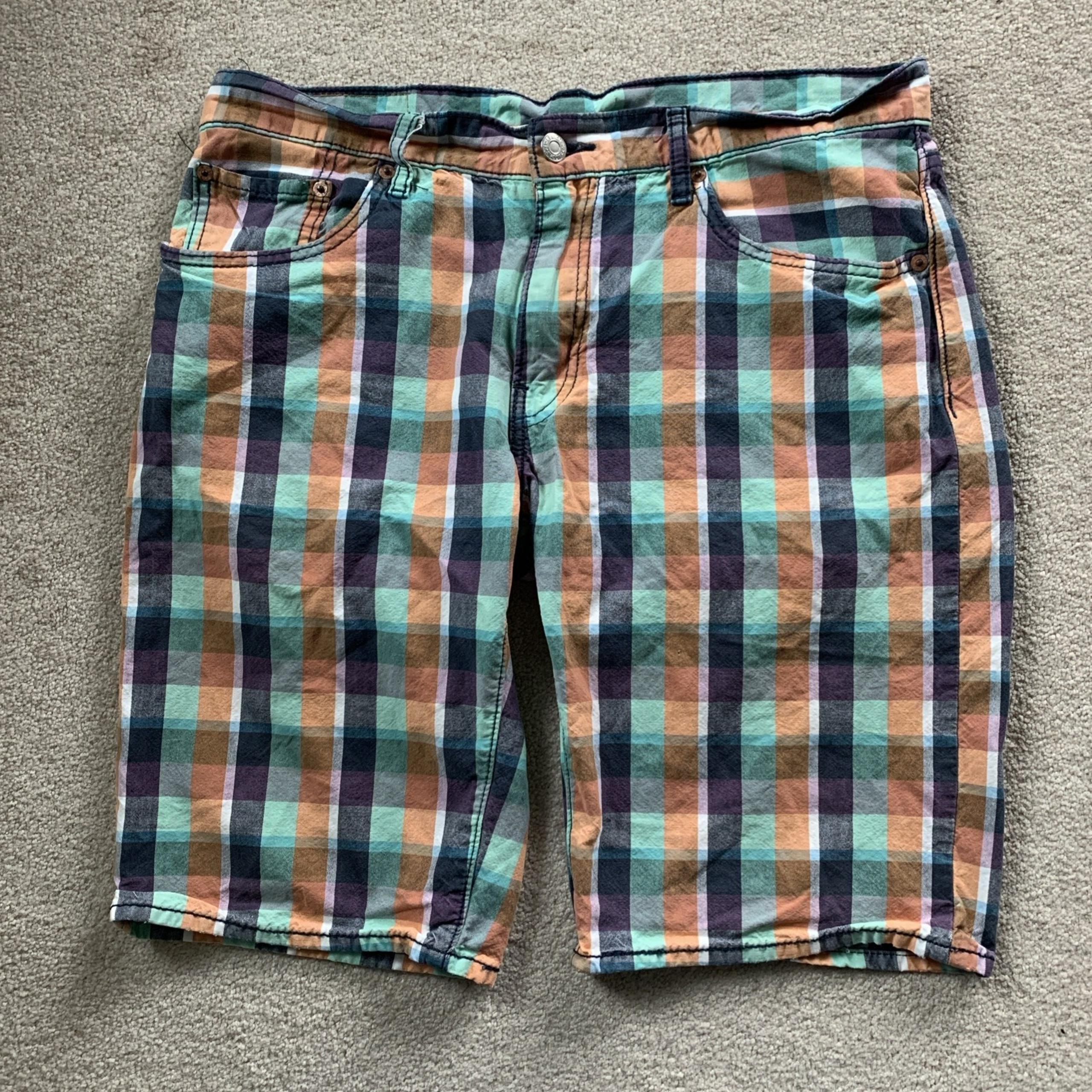 Levi's 504 Jean Shorts Mens 34 Plaid Purple Orange 11" Denim Casual Summer