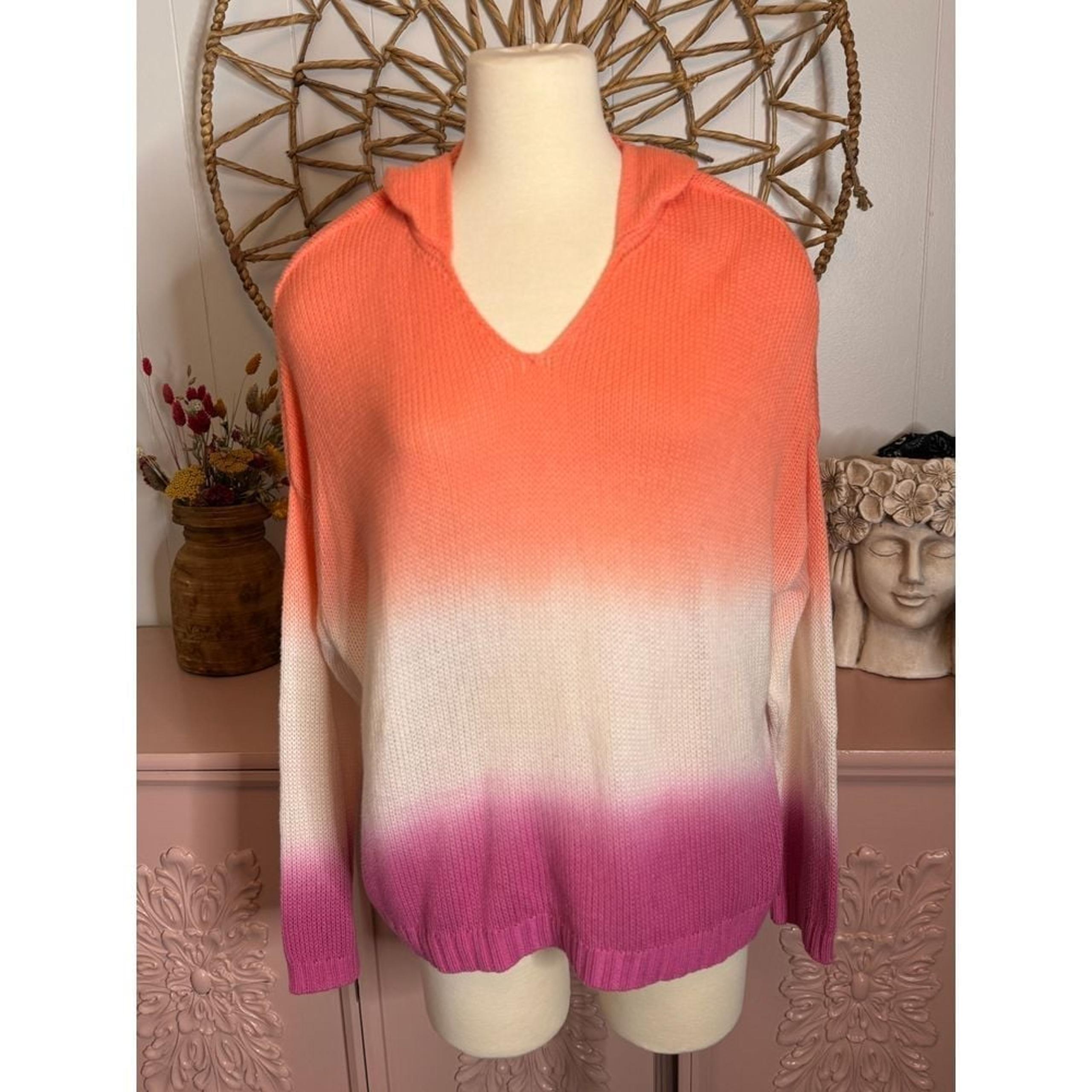 Lou & Grey Ombre Hooded Sweater V-Neck Coral Pink White XLP